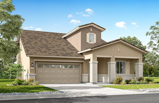Modern two-story home with attached garage, neutral exterior, and front garden along a residential street