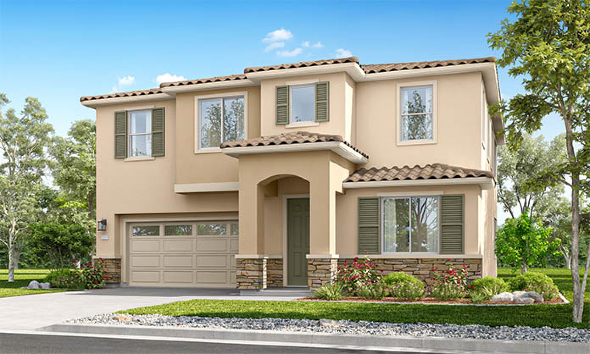 Modern two-story home with attached garage, neutral exterior, and front garden along a residential street