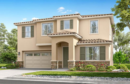 Modern two-story home with attached garage, neutral exterior, and front garden along a residential street