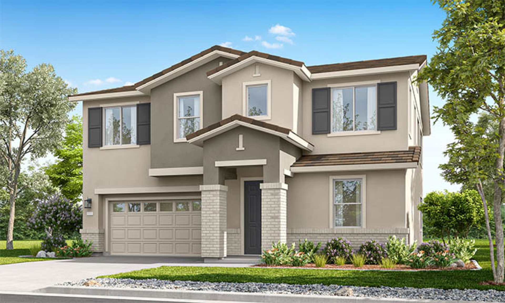 Modern two-story home with attached garage, neutral exterior, and front garden along a residential street