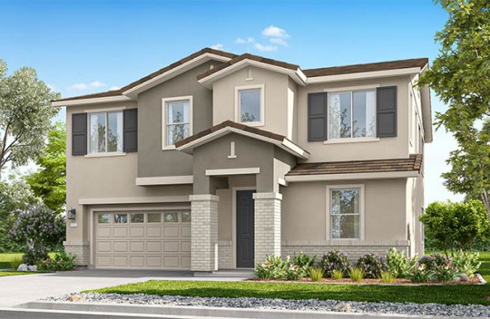 Modern two-story home with attached garage, neutral exterior, and front garden along a residential street