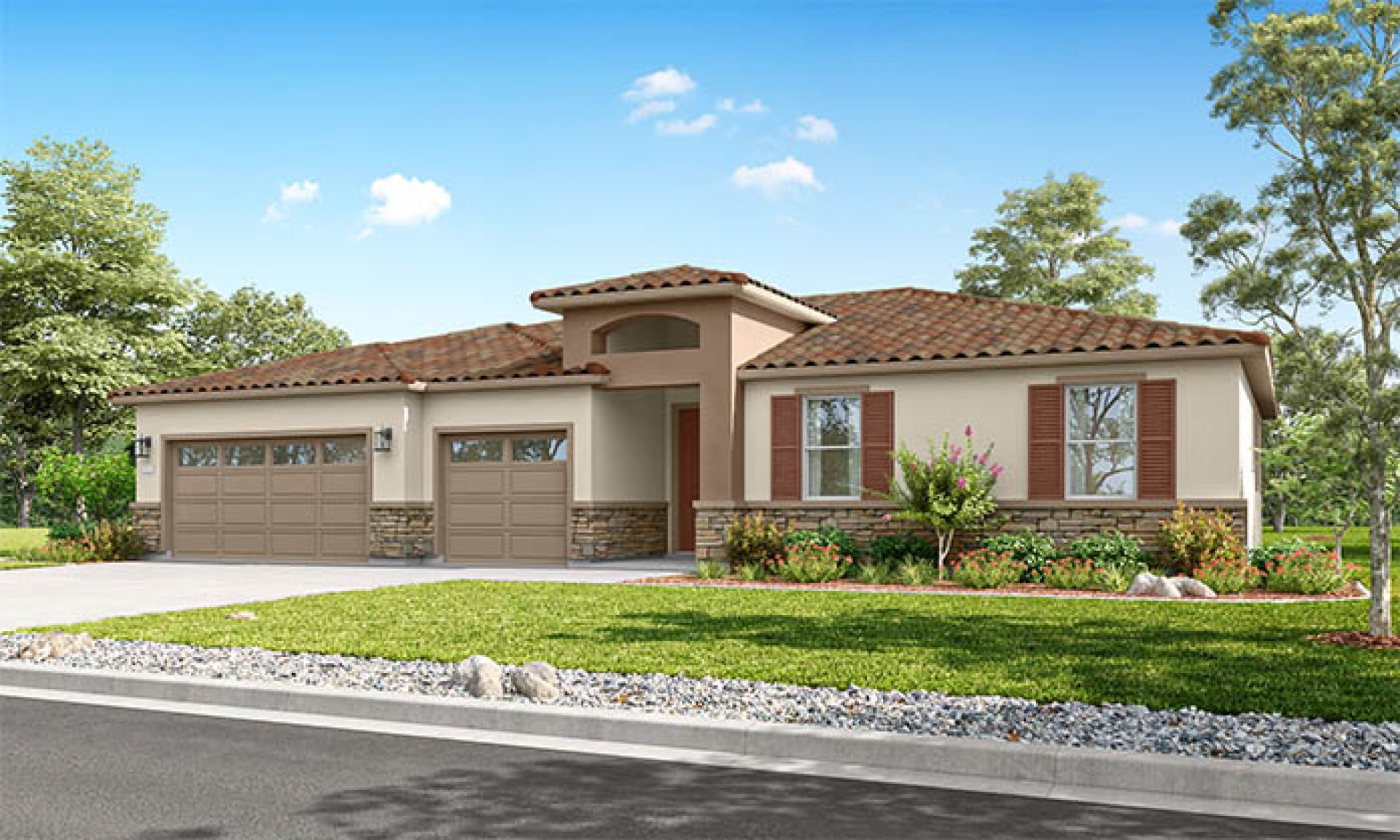 Modern single-story home with attached 3-car garage, neutral exterior, and front garden along a residential street