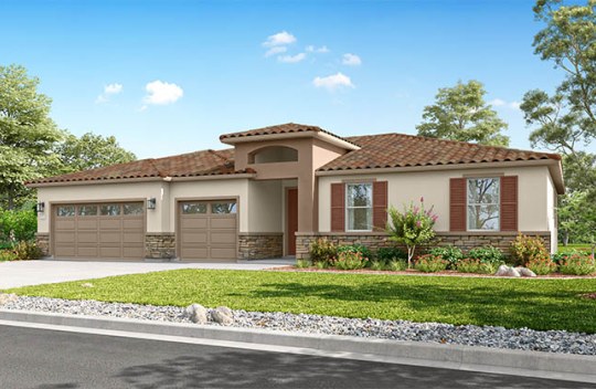 Modern single-story home with attached 3-car garage, neutral exterior, and front garden along a residential street