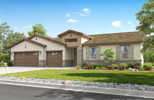 Modern single-story home with attached 3-car garage, neutral exterior, and front garden along a residential street