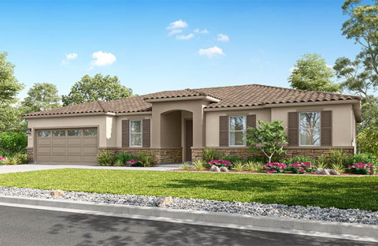 Modern single-story home with attached garage, neutral exterior, and front garden along a residential street
