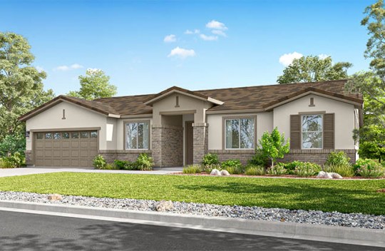 Modern single-story home with attached garage, neutral exterior, and front garden along a residential street
