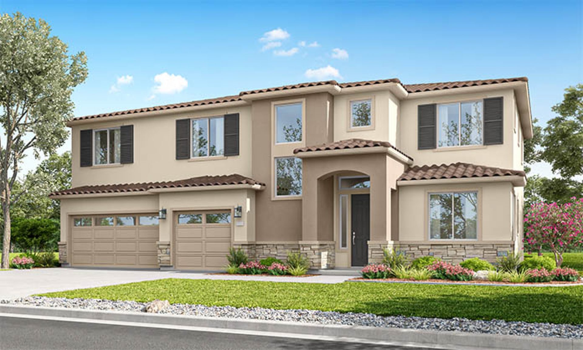 Modern two-story home with attached 3-car garage, neutral exterior, and front garden along a residential street