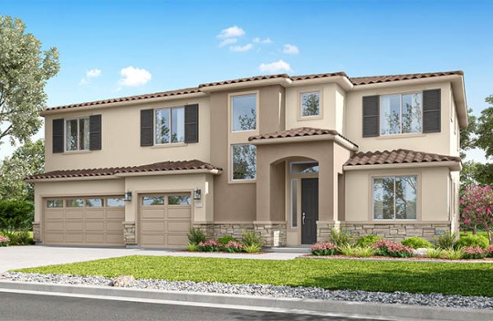 Modern two-story home with attached 3-car garage, neutral exterior, and front garden along a residential street