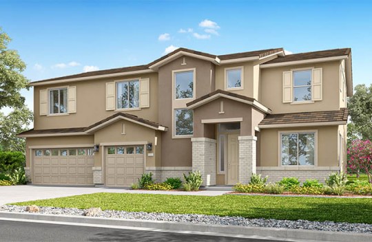 Modern two-story home with attached 3-car garage, neutral exterior, and front garden along a residential street