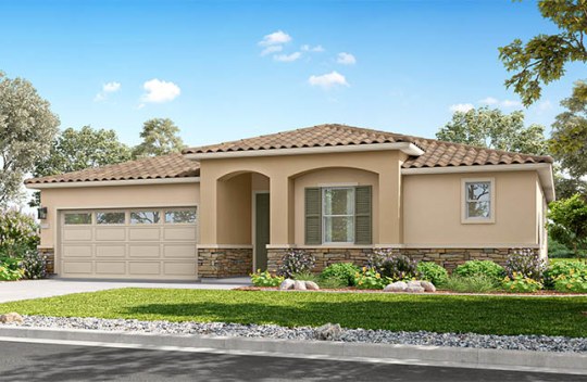 Modern single-story home with attached garage, neutral exterior, and front garden along a residential street