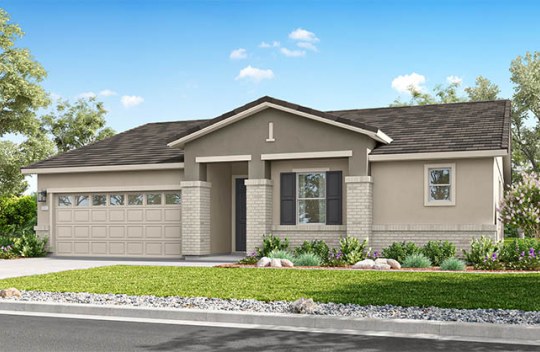 Modern single-story home with attached garage, neutral exterior, and front garden along a residential street