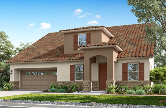 Modern two-story home with attached garage, neutral exterior, and front garden along a residential street