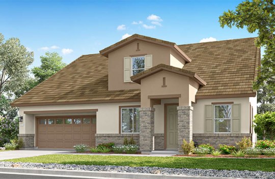 Modern two-story home with attached garage, neutral exterior, and front garden along a residential street