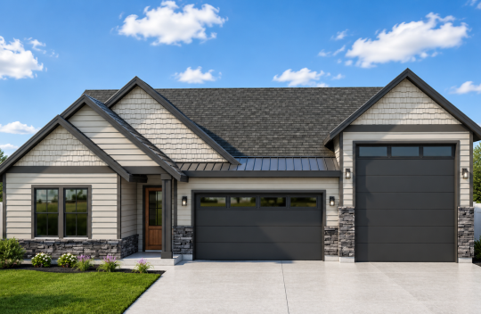Modern single-story house with beige siding, dark gray roof, and three garage doors. Stone accents decorate the front. There is a green lawn and small shrubs along the walkway under a blue sky with clouds.
