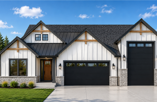 Modern farmhouse with white siding, black roof and garage doors, wood accents, and stone trim. There are three peaked sections, a large driveway, and landscaped greenery in front, with trees and a blue sky in the background.