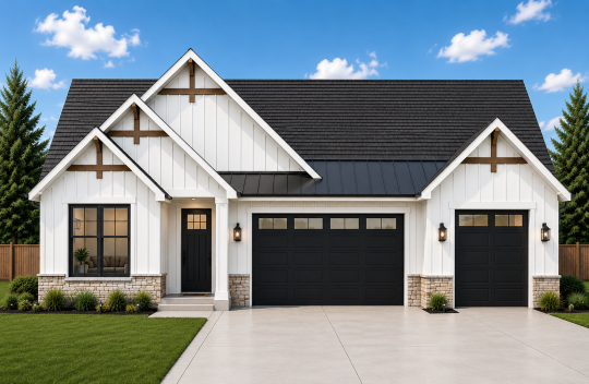 Modern white house with three front-facing gables, black roof, two black garage doors, black front door, brick accents, manicured lawn, and a clear blue sky with a few clouds in the background.