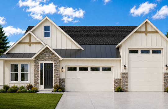 Modern suburban house with white siding, black roof, large garage, front porch with stone accents, and manicured lawn set against a blue sky with scattered clouds and pine trees in the background.