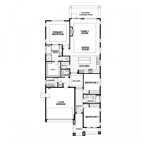 Arlo single-level floorplan with 3 bedrooms, 2 bathrooms, and open concept kitchen, dining and family room, and 2 car garage.