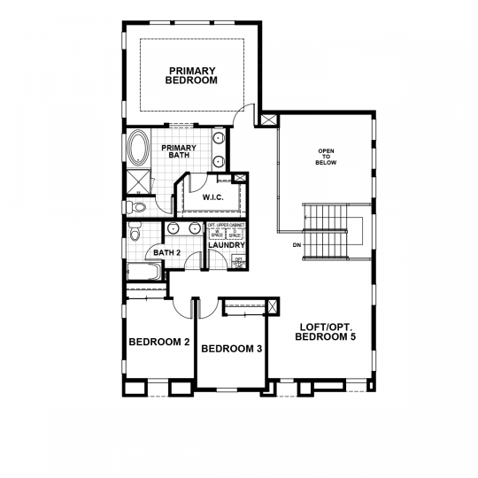 Bennett floorplan second floor with primary bedroom and bathroom, second, third bedroom, and loft or optional fifth bedroom, second full bath and laundry room.