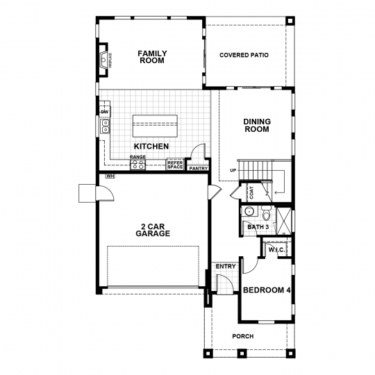 Bennett floorplan first floor with 2 car garage, open concept kitchen, dining and family room, fourth bedroom and full bath.