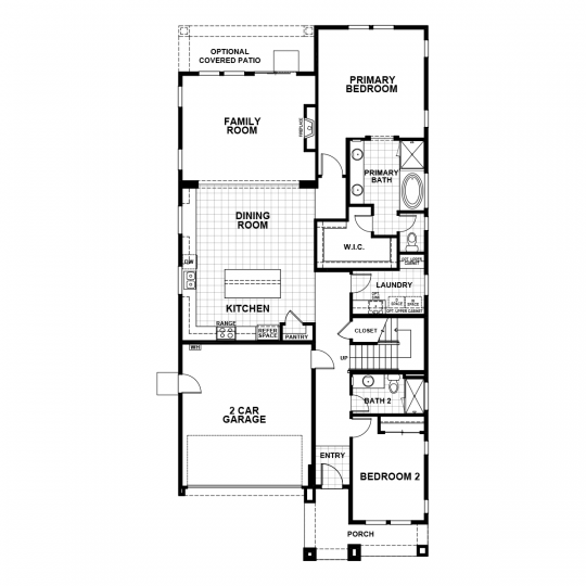 Carson floorplan first floor with 2 car garage, open concept kitchen, dining and family room, primary bedroom and bathroom, laundry room, second bedroom and full bath.