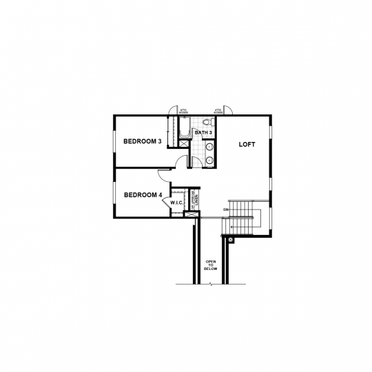 Carson floorplan second floor with third and fourth bedrooms, third full bath and loft.