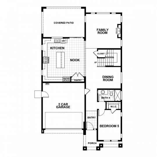 Darby floorplan first floor with 2 car garage, kitchen and nook, covered patio, family room, dining room, fifth bedroom and fourth full bath.