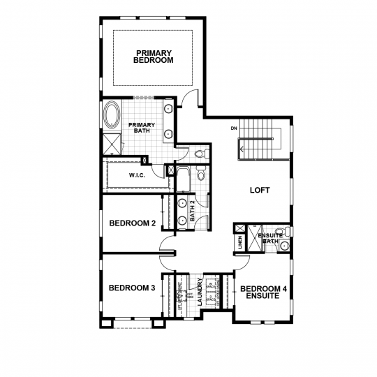 Darby floorplan second floor with primary bedroom and bathroom, second, third and fourth bedrooms, second full bath, ensuite full bath, loft and laundry room.