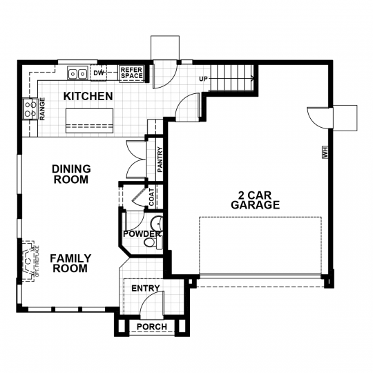 Azalea floorplan first floor with 2 car garage, open concept kitchen, dining and family room and half bath.
