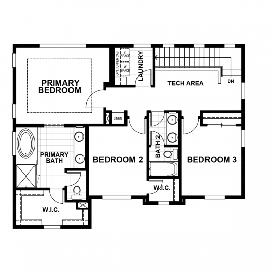 Azalea floorplan second floor with primary bedroom and bathroom, second and third bedrooms, second full bath and laundry room.