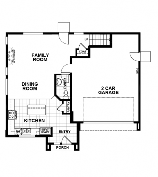 Begonia floorplan first floor with 2 car garage, open concept kitchen, dining and family room, and half bath.