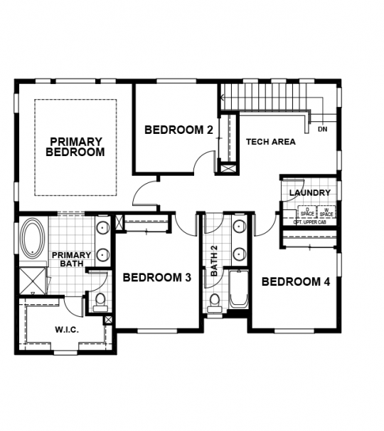 Begonia floorplan second floor with primary bedroom and bathroom, second, third and fourth bedrooms, second full bath and laundry room.
