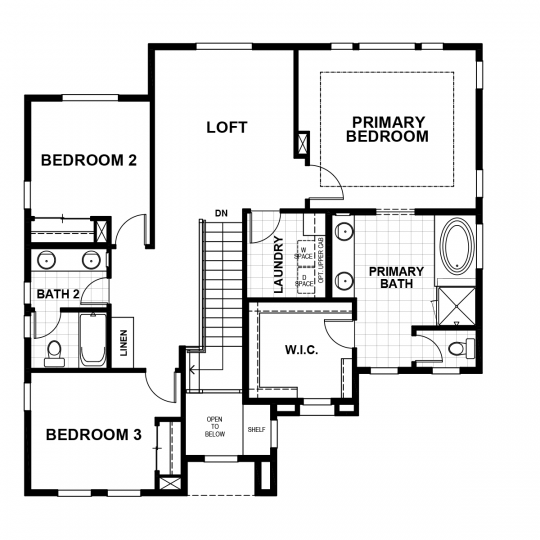 Carnation floorplan second floor with primary bedroom and bathroom, second and third bedrooms, second full bath, loft and laundry room.