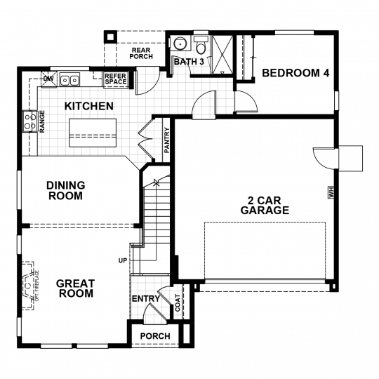 Carnation floorplan first floor with 2 car garage, open concept kitchen, dining and great room, fourth bedroom and full bath.