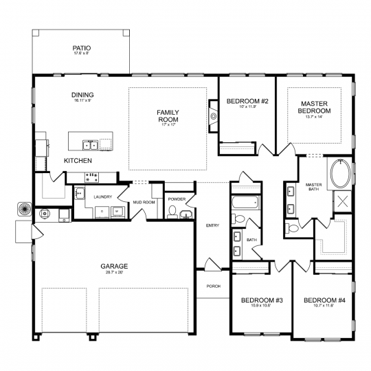 Residence 2 single-level floorplan with 4 bedrooms, 2.5 bathrooms, open kitchen, dining and family room, laundry and mud room, and 2 car garage.