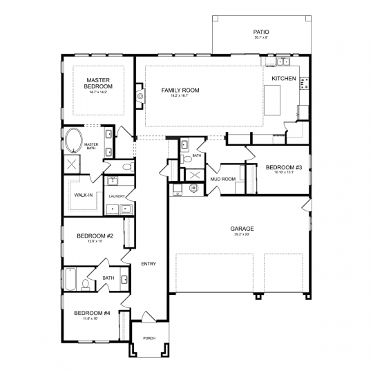 Residence 3 single-level floorplan with 4 bedrooms, 3 bathrooms, open kitchen and family room, laundry and mud room, and 3 car garage.