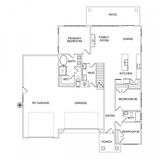 Residence 4 floorplan first floor with 3 car garage, open kitchen, dining and family room, primary suite, second and third bedrooms, and second full bath.