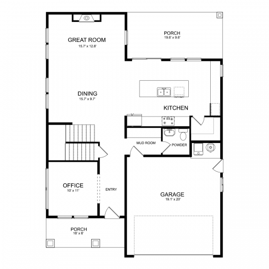Residence 5 floorplan first floor with 2 car garage, open kitchen, dining and great room, office, half bath and mud room.