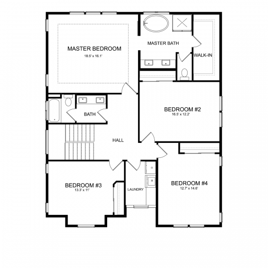 Residence 5 floorplan second floor with primary bedroom and bathroom, second, third and fourth bedrooms, and third full bathroom.