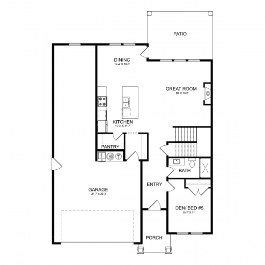 Residence 9 floorplan first floor with 2 car garage, open kitchen, dining and great room, den or optional fifth bedroom, and full bathroom.