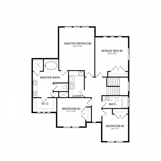 Residence 9 floorplan second floor with primary bedroom and bathroom, second, third, fourth bedrooms, and second full bathrooms.