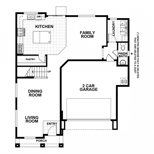 Cora floorplan first floor with 2 car garage, open concept kitchen and family room, dining and living room, laundry room and half bath.