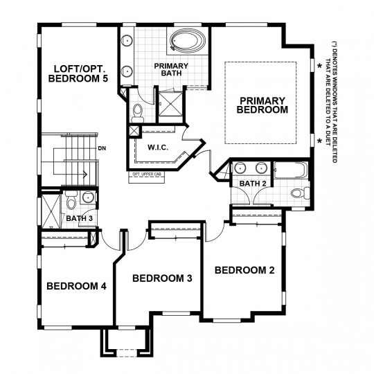 Cora floorplan second floor with primary bedroom and bathroom, second, third and fourth bedrooms, second full bath, third full bath, loft or optional fifth bedroom.