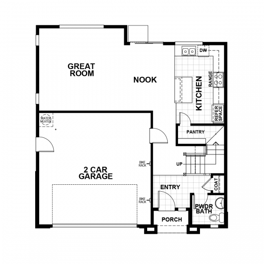 Aubrey floorplan first floor with 2 car garage, open concept kitchen, nook, and great room with pantry and half bath.
