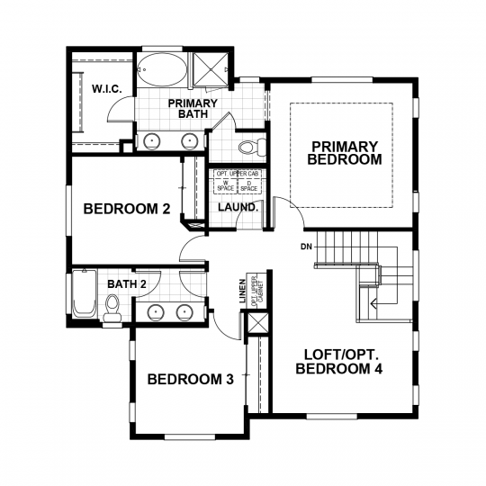 Aubrey floorplan second floor with primary bedroom, bathroom, second and third bedrooms, and optional loft or fourth bedroom, second full bath and laundry room.