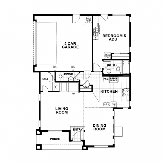 Baxter floorplan first floor with 2 car garage, open concept kitchen, dining and living room, half bath and fifth bedroom or ADU option.