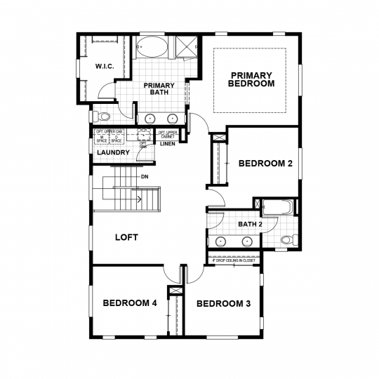 Baxter floorplan second floor with primary bedroom and bathroom, second, third and fourth bedrooms, second full bath and laundry room.
