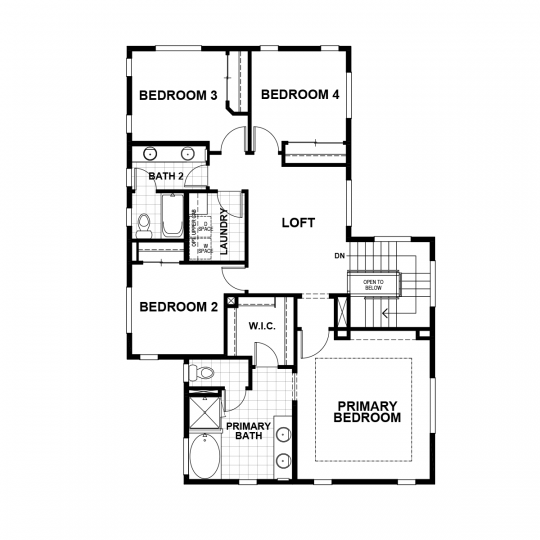 Charlotte floorplan second floor with primary bedroom and bathroom, second, third and fourth bedrooms, second full bath, loft and laundry room.