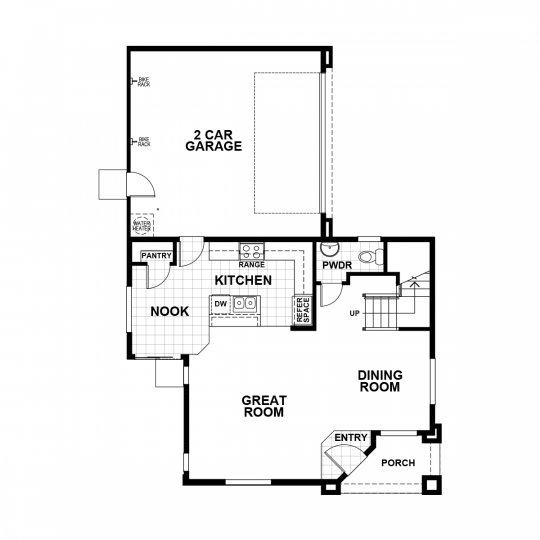Charlotte floorplan first floor with 2 car garage, open concept kitchen, nook, dining and great room, and half bath.