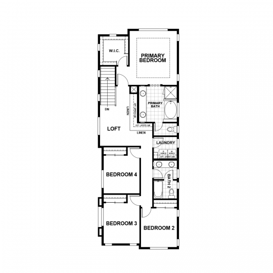 Daphne floorplan second floor with primary bedroom and bathroom, second, third and fourth bedrooms, second full bath, loft and laundry room.